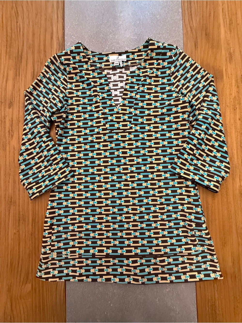 Jude Connally Jude Cloth Geometric Chain Print Brown Teal Cream Chris Top XS - Picture 2 of 9